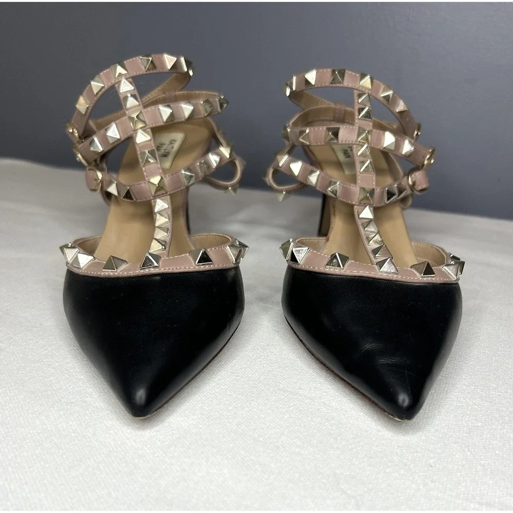 Kaitlyn Pan Shoes Womens 9 Black Studded Strappy Ankle Strap Pointed Toe Heels